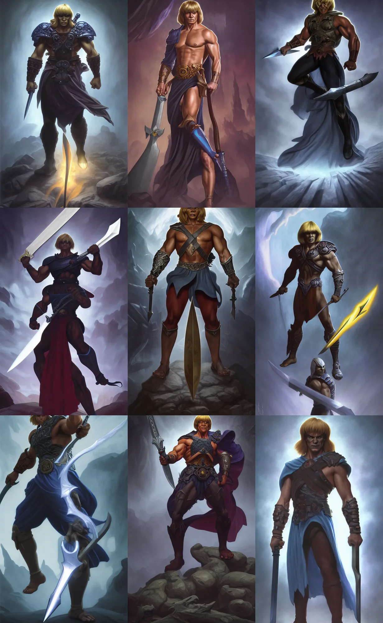 Prompt: full body centered uncut character pose of he - man, mysterious - eerie - ominous, he - man is holding the power sword in his right hand, dark grey shadowy smokey eery background, direct natural lighting, cinematic, epic, ultra - detailed, sharp focus, colored illustration, artwork by artgerm and greg rutkowski and alphonse mucha