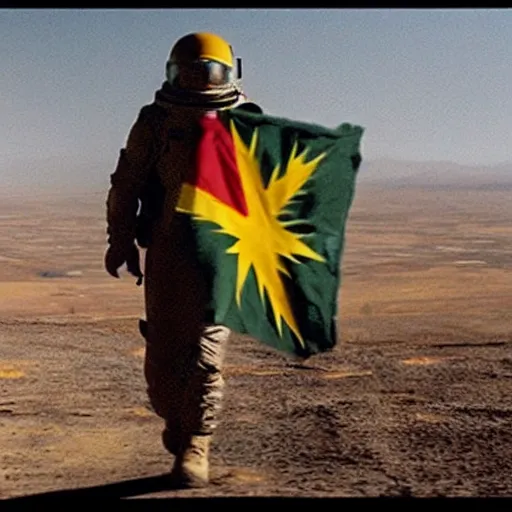 Image similar to kurdish astronaut holding a kurdistan flag in a movie directed by christopher nolan, movie still frame, promotional image, imax 7 0 mm footage