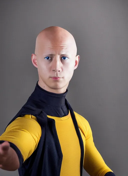 Image similar to A full portrait photo of real-life saitama one punch man, f/22, 35mm, 2700K, lighting, perfect faces, award winning photography.