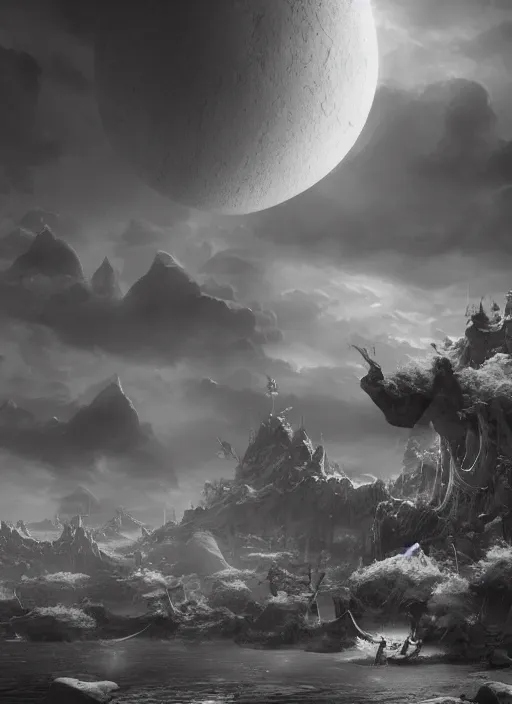 Image similar to An epic fantasy comic book style landscapes of floating islands in space, grayscale, fisheye lens, unreal 5, DAZ, octane render, cosplay, RPG portrait, dynamic lighting