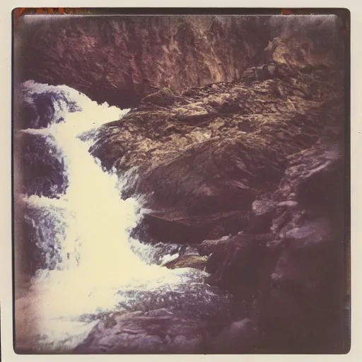 Image similar to a deep dark vertical shaft with rushing water, creepy, eerie, unsettling, terrifying, jagged rocks, dark, old polaroid, expired film,