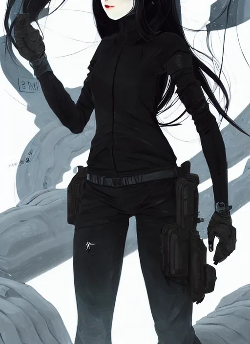 Prompt: full body portrait of long black hair girl within a techwear. cynical face, concept art, character illustrations, intricate, highly detailed 8 k, smooth, sharp focus, beautiful and aesthetic shape of face and body, artgerm, artstation, art by zexi guo and nira and junpei suzuki and gharliera and rinotuna