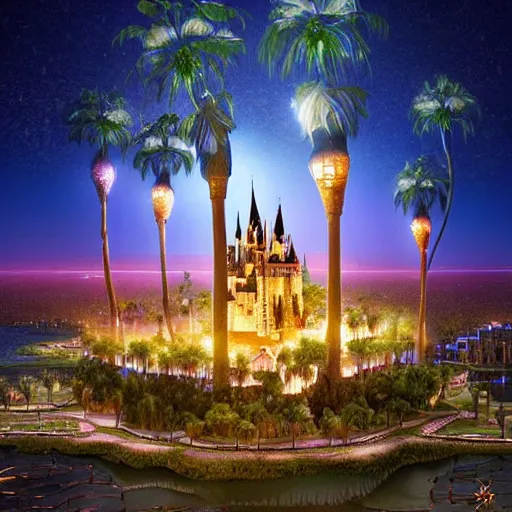 Prompt: the disney castle surrounded by giant palm trees on a giant floating island in the sky, a huge light bulb illuminates the island from above, night, cinematic, digital art by erik johansson, 8 k resolution, hyper detailed, sharp focus