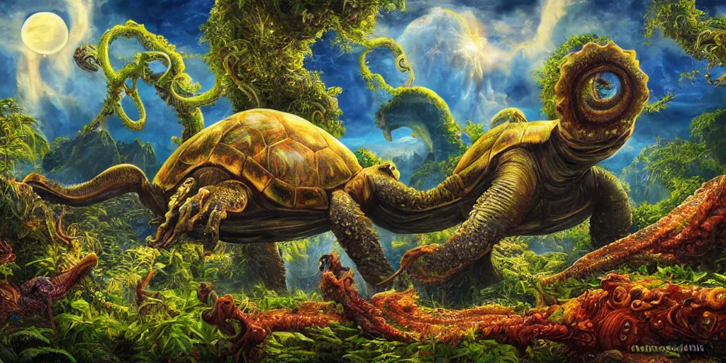 Prompt: fantasy oil painting, klattu's radiant spacecraft, outer worlds, great leviathan, turtle cephalopod terrapin reptilian pachyderm amphibian hybrid, rainforest mountains, lush plants flowers, epic natural light, bright clouds, luminous sky, bright cinematic key lighting, michael cheval, michael whelan, vray, 8 k hd