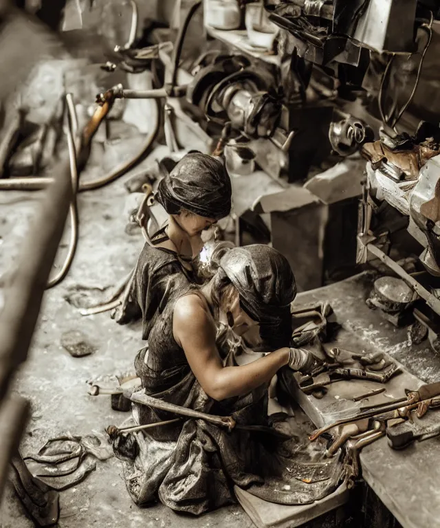 Image similar to A beautiful girl makes bronze gear on a workbench, 50mm photo, soft light, highly detailed, motion blur, trending on artstation