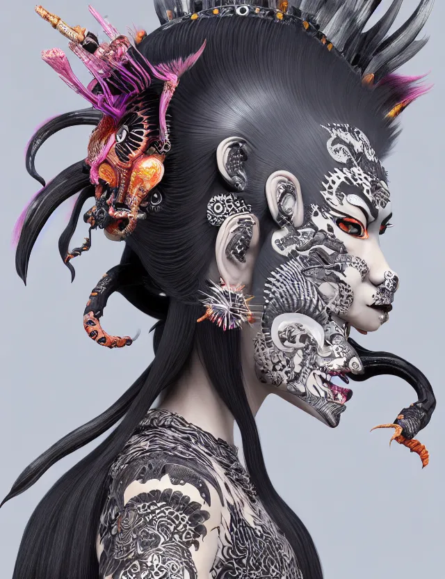 Image similar to 3 d goddess close - up profile portrait punk with mohawk with ram skull. beautiful intricately detailed japanese crow kitsune mask and clasical japanese kimono. betta fish, jellyfish phoenix, bio luminescent, plasma, ice, water, wind, creature, artwork by tooth wu and wlop and beeple and greg rutkowski