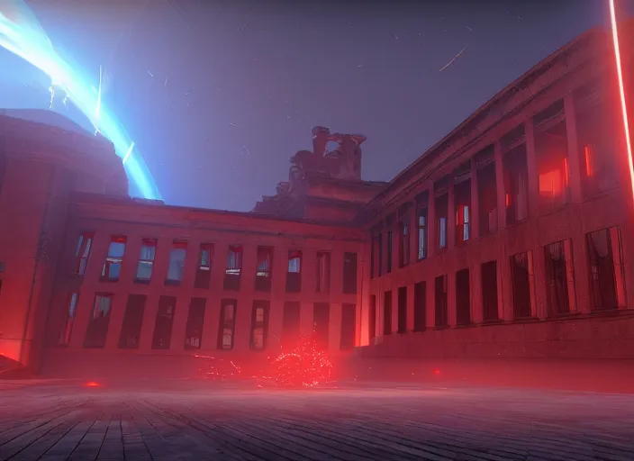 Prompt: ancient european court building with red shafts of light in destiny 2, foggy, liminal, dark, dystopian, beautiful architecture, abandoned, highly detailed 4 k 6 0 fps in - game destiny 2 gameplay screenshot leak