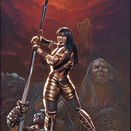 Prompt: a muscular bronze - skinned silver - eyed black - haired woman warrior wearing xena armor, holding a sword aloft, in a crowded alien arena on a hostile planet, highly detailed, ron cobb, moebius, heavy metal magazine, mike mignola, trending on art station, illustration, comic book