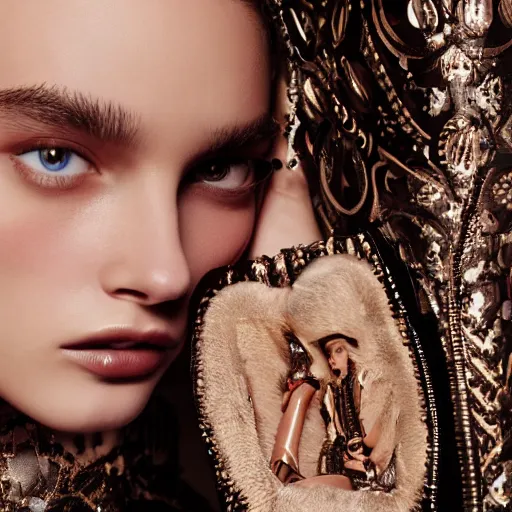 Prompt: close up of face from a fashion model with large valentino dress in parisian luxury studio , official valentino editorial, highly detailed