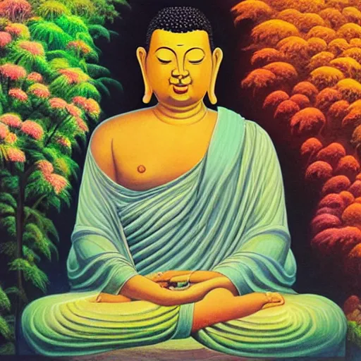 Image similar to “ buddha, at the moment of enlightenment, sitting in a psychedelic field of colorful flowers and water falls, portrait by paul bonner. oil on canvas. ”