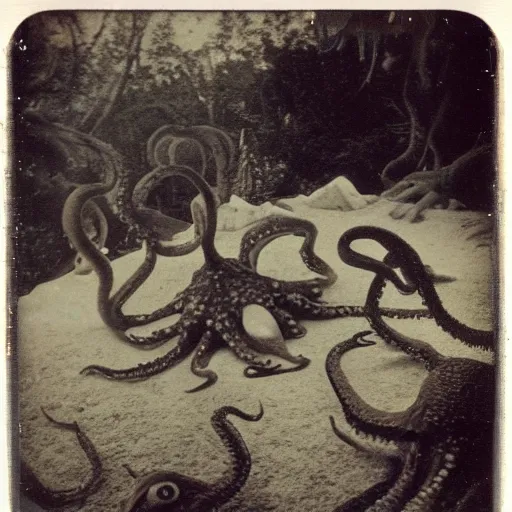 Image similar to old polaroid depicting cultists and an octopus demon, at a clearing, at dusk