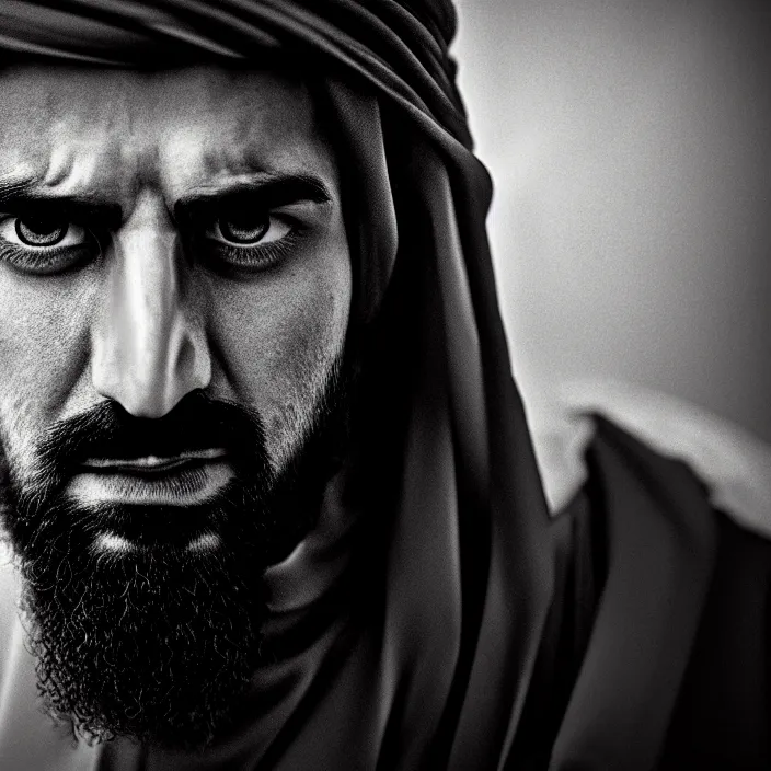 Prompt: cinematic bust portrait, sheikh, sultan, emir, head and chest only, almur, contemporary, masterpiece, cinematic composition, dramatic pose, beautiful lighting, sharp, details, hyper - detailed, hd, 4 k