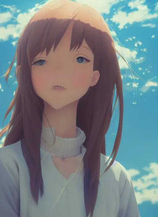 Image similar to A centred portrait anime girl with a sky background, rendered by Makoto Shinkai, syd meade, environment concept, digital art, trending on artstation, low level, 4K UHD image, octane render