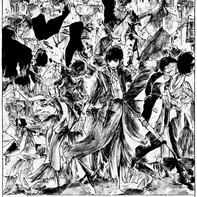 Image similar to a manga panel in the style of junji ito of the pied piper of hamelin leading rats