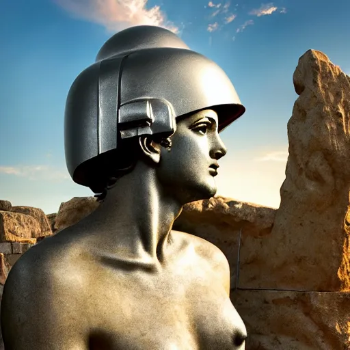 Image similar to tiny greek goddess in steel helmet standing on a giant greek bearded male head, greek temple of olympus glory island, late afternoon light, wispy clouds in a blue sky, by frank lloyd wright and greg rutkowski and ruan jia