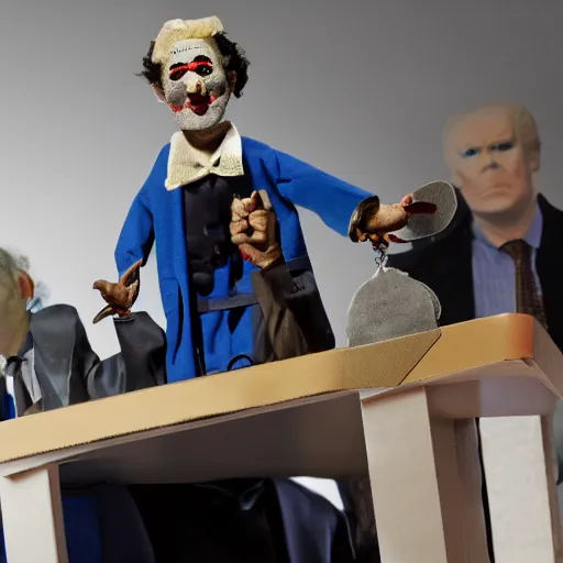 Image similar to mad puppeteer using marionette of a president in a podium