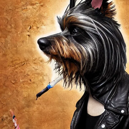 Image similar to an anthropomorphic yorkie dog wearing a black leather punk jacket smoking a cigarette in a hotel lobby, digital art