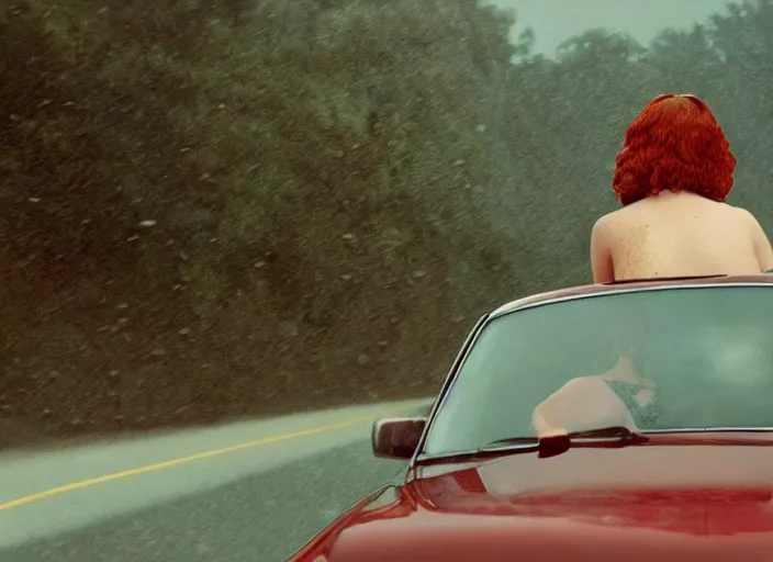 Image similar to A very high resolution image from a new movie, landscape from a car window , teen red hair woman, raining, hot, directed by wes anderson