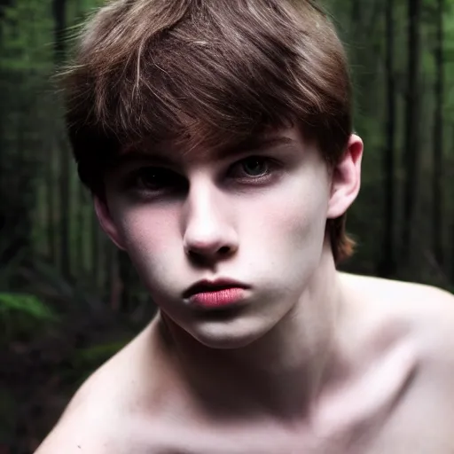 Image similar to a teenage boy, around 1 9 yo. natural brown hair. loincloth, pale skin. realistic face. ominous and eerie looking forest i'm background. natural colors.