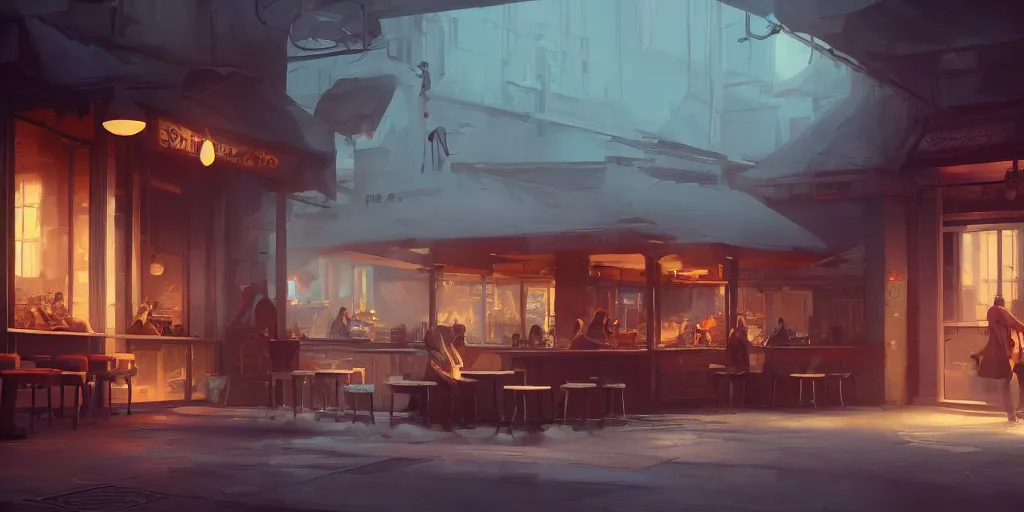 Prompt: an intricate concept art illustration of a coffee shop, no people, cinematic light, colorful, octane render by greg rutkowski 8 k