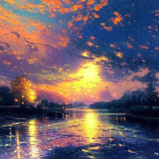 Prompt: the sky at night, by Thomas Kinkade