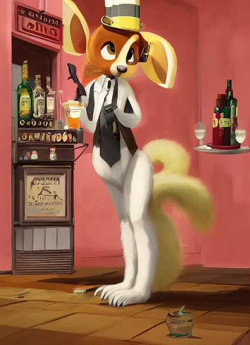 Image similar to squirrel anthro as a dapper bartender with a big, fluffy tail, retro futurism, art deco, detailed painterly digital art style by WLOP and Cory Loftis, 🐿🍸🍋, furaffinity, trending on artstation