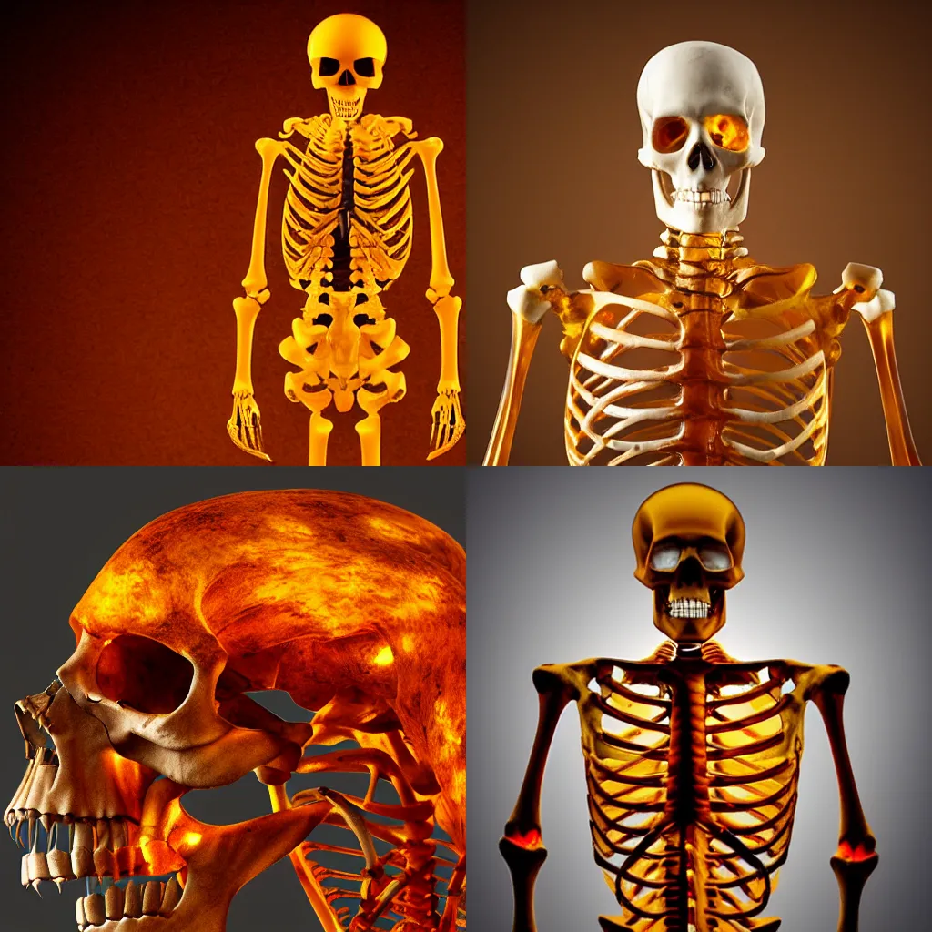 Prompt: totally badass skeleton made out of amber, epic translucent 4k