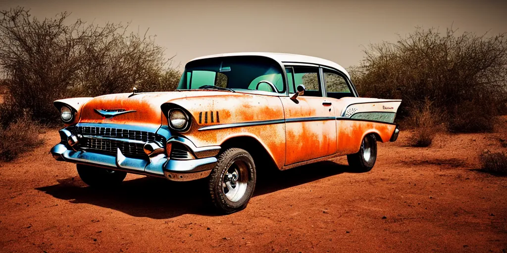 Image similar to rusty 1957 Chevrolet Bel Air, off-road, lifted, 4x4, K10, trophy truck, cinematic, Maxxis, 8k, depth of field, mexican desert, bokeh, DAKAR.