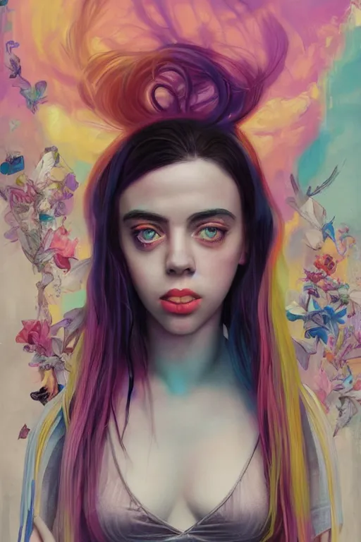 Prompt: billie eilish happy portrait of a vaporwave girl in a cluttered 9 0 s bedroom, by artgerm, tom bagshaw, gerald brom, vaporwave!, vaporwave colors!, lo fi colors, lo fi, 4 k, hd,