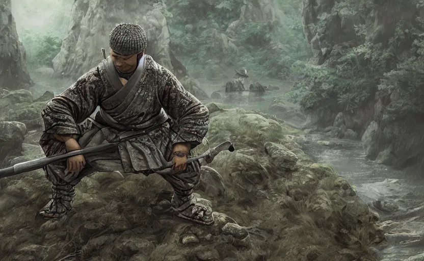 Prompt: highly detailed digital illustration of shinobi warrior meditating in wet japanese battlefield from sengoku period, surrounded by dense rock formations, high in mountains, cinematic lighting, photobash, raytracing, volumetric lighting