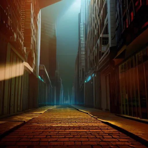 Image similar to futuristic urban city at dusk. figure is obscured by darkness with two bright, shining eyes peering out from the shadows of an alley. cgartist. leading lines. volumetric lighting. god rays.