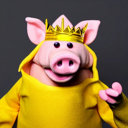 Prompt: studio photograph of a smiling pig depicted as a muppet wearing a gold crown eating from a snack bag with a yellow background, front view