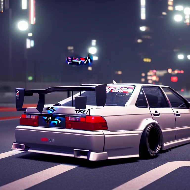 Image similar to Toyota JZX90 Drift, detailed-wheels, Shibuya prefecture, cinematic lighting, photorealistic, night photography, octane render