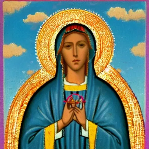Prompt: puffy blue sky and puffy white clouds in shape of virgin mary face
