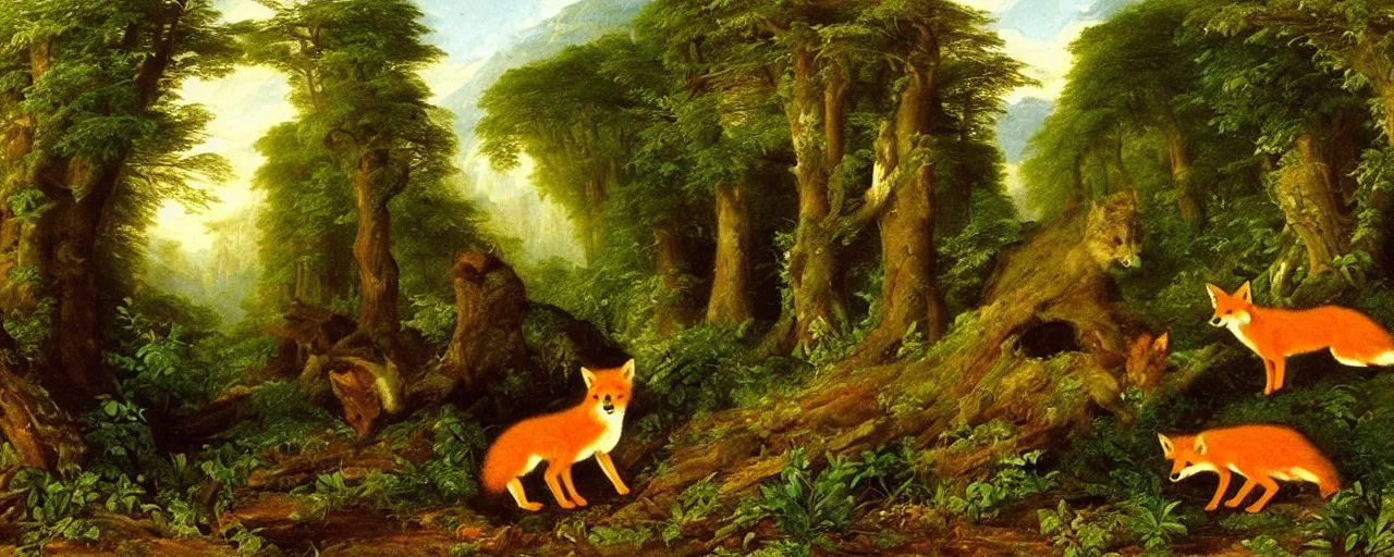 Prompt: foxes in the forest, by thomas cole