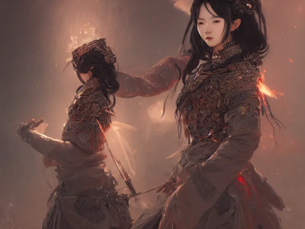 Image similar to portrait han so hee samurai girl, grey hair armored samurai clothes, in fire japanese temple wet night, ssci - fi and fantasy, intricate and very very beautiful and elegant, highly detailed, digital painting, artstation, concept art, smooth and sharp focus, illustration, art by tian zi and wlop and alphonse mucha