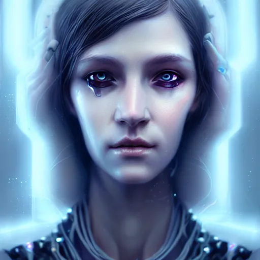 Image similar to cyberpunk robotic elvish queen, extremely detailed, hyperrealistic, intricate, soft light, fantasy, digital painting, art station, perfect faces, fine details, by wlop