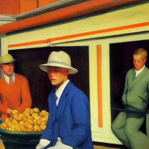 Image similar to a detailed painting, blonde man at a market, edward hopper,