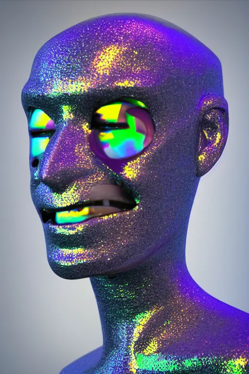 Image similar to 3d render of holographic angry human robotic screaming angry bust made of glossy iridescent, screaming, bust, surrealistic 3d illustration of a human non-binary, non binary model, 3d model human, cryengine, made of holographic texture, holographic material, holographic rainbow, concept of cyborg and artificial intelligence