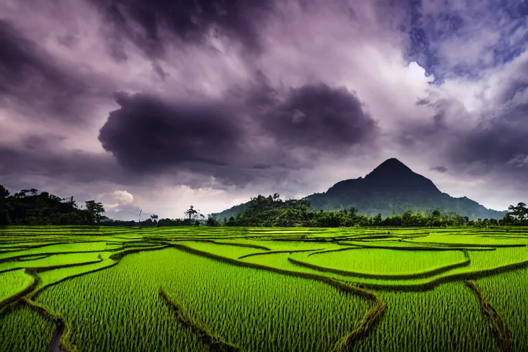 Prompt: a beautiful landscape photography of Gunung Jerai, Yan, Malaysia with a paddy field, dramatic sky, 500px, award winning, moody