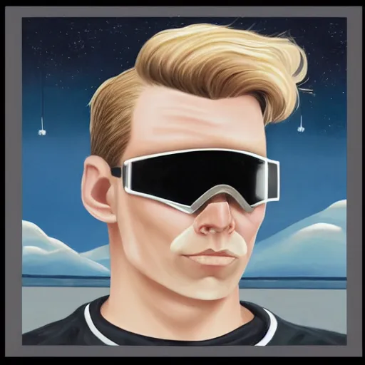 Prompt: painting of square - jawed emotionless serious blonde woman starship engineer, tribal tattoos, handsome, short slicked - back hair, sweating, uncomfortable and anxious, looking distracted and awkward, wearing victorian dark goggles, flight suit and gloves, small spacecraft in background, highly detailed, mike mignogna, trending on artstation