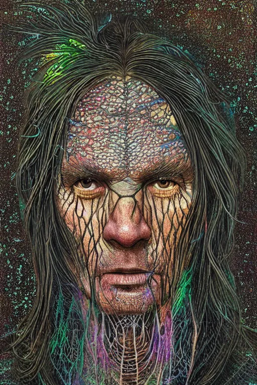 Image similar to dark portrait of one Bioluminescent old shaman, with cracked reaction diffusion semi-transparent skin. multicolored fish scales, closeup. long dark hair with insects and plant leaves. at night, realistic. intricate, very detailed, by alex grey and Moebius