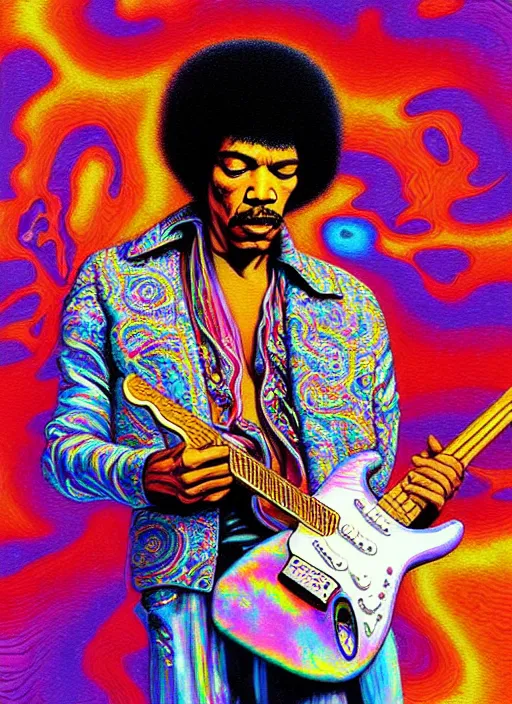 Image similar to hyper detailed 3d render like a Oil painting - Jimi Hendrix aerochrome and milky Fruit holding a white stratocaster guitar in his left hand, iridescent paisley patterns by Jacek Yerka, Ilya Kuvshinov, Mariusz Lewandowski, Houdini algorithmic generative render, Abstract brush strokes, Masterpiece, Edward Hopper and James Gilleard, Zdzislaw Beksinski, Mark Ryden, Wolfgang Lettl, hints of Yayoi Kasuma, octane render, 8k