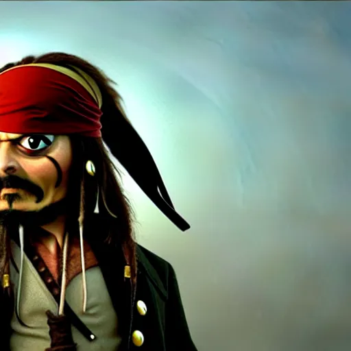 Image similar to mr. bean as jack sparrow from pirates of the carribean. movie still. cinematic lighting.