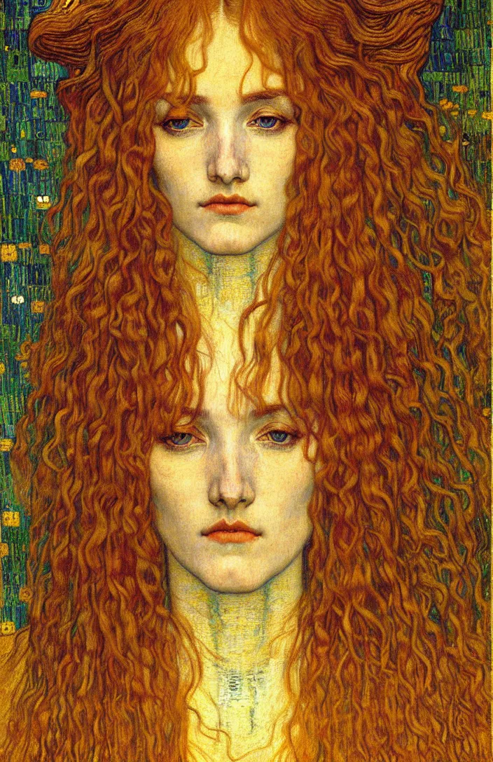 Image similar to detailed realistic beautiful young medieval queen face portrait by jean delville, gustav klimt and vincent van gogh, art nouveau, symbolist, visionary, gothic, pre - raphaelite, muted earthy colors, desaturated