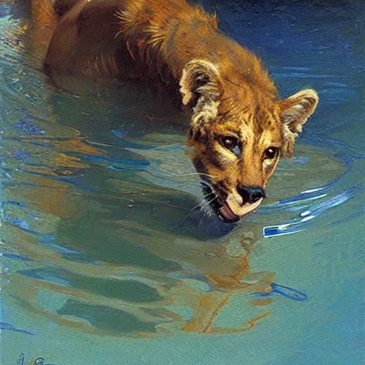 Prompt: a portrait of an animal in the pool. highly detailed painting by gaston bussiere, craig mullins, j. c. leyendecker, furry