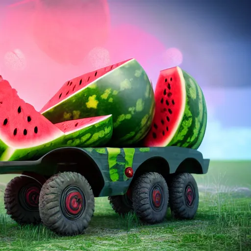 Image similar to Very very very very highly detailed Watermelon military vehicle with epic weapons, on a battlefield in russian city . Photorealistic Concept 3D digital art rendered in Highly Octane Render, epic dimensional light