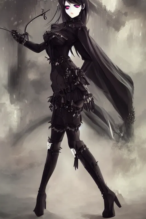 Image similar to pretty gothic lady wearing a full set of black armor and wearing black stockings, fullbody art, drawn by WLOP, by Avetetsuya Studios, anime still, trending on artstation