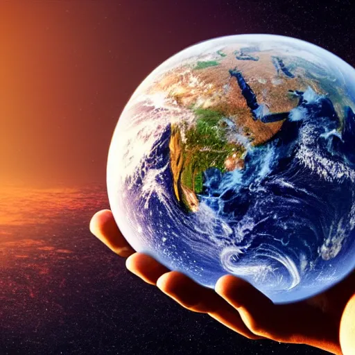 Image similar to Powerful god holding Earth in his hand, unimaginably huge, view from space, eautiful details, HDR, octane render