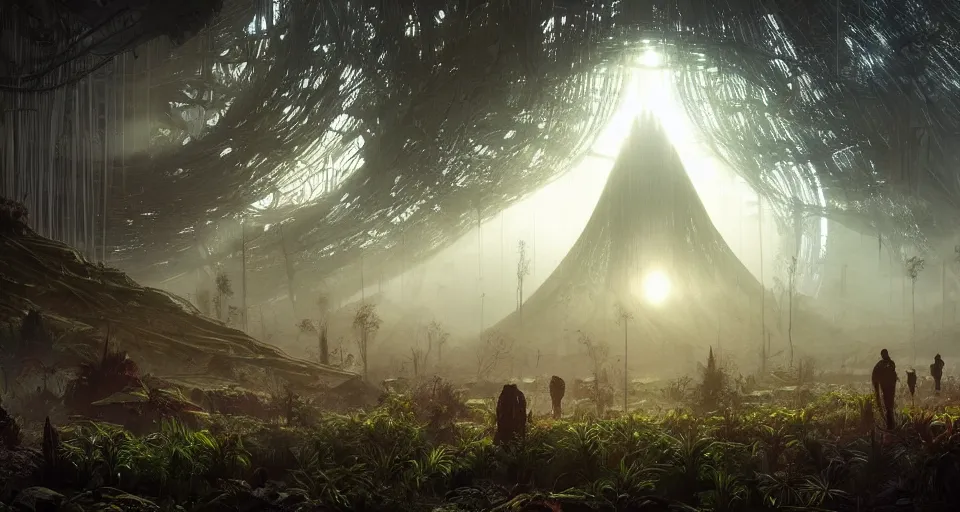 Image similar to Cyber space forest scene, Giant Aztec space city, volumetric light, fog, dusk lighting, intricate details ,by denis villeneuve, Ridley Scott, Greg Rutkowski and Alphonse Mucha